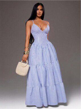 Elegant Casual Blue And White Stripe Spaghetti Strap